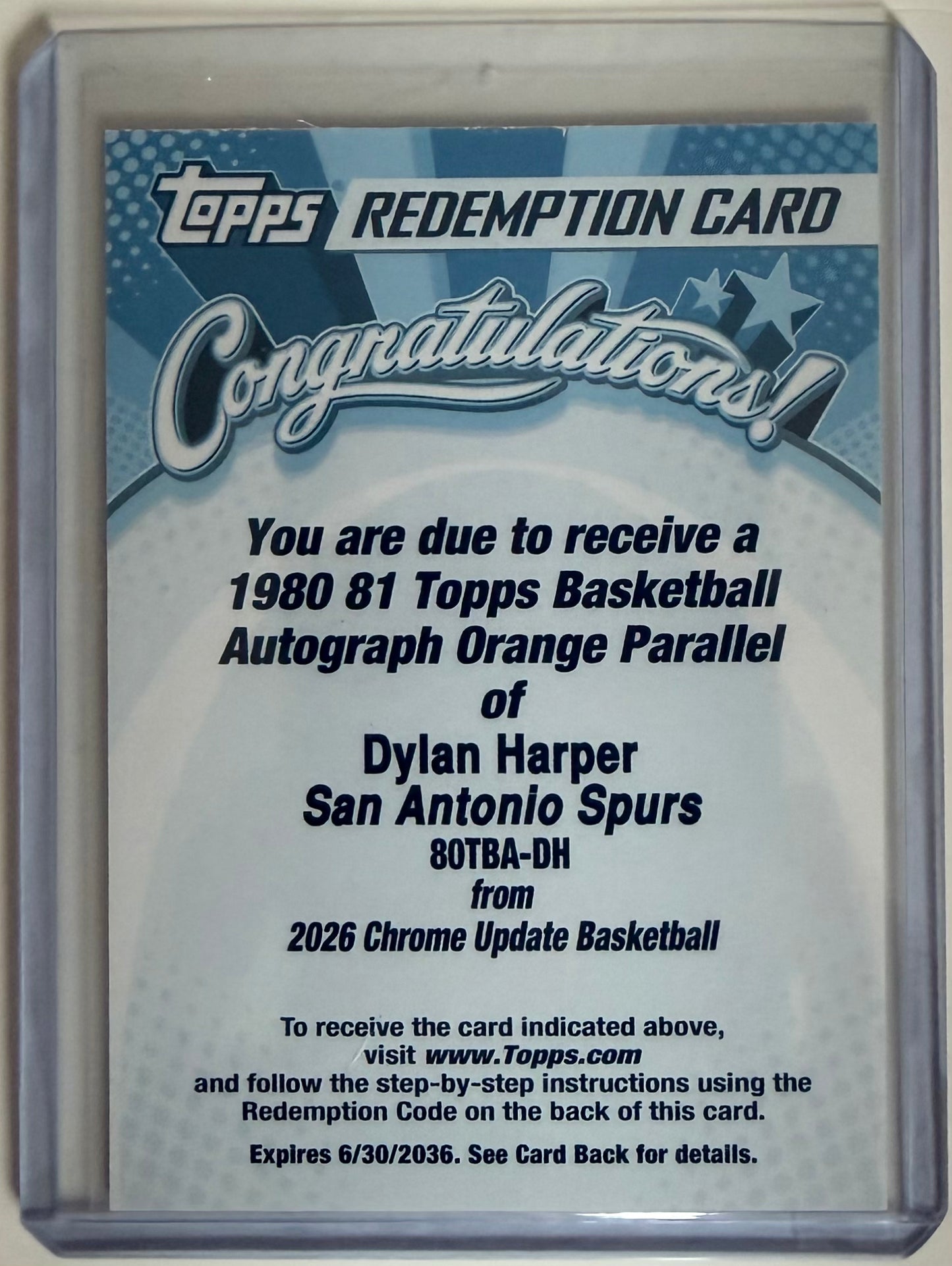 2026 Topps Chrome Update Dylan Harper 1980 81 Orange Auto /25 RC Redemption